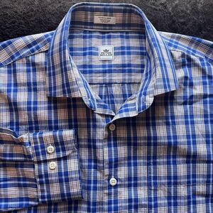 Peter Millar Blue and Brown Plaid Long Sleeve‎ Button-Down Dress Shirt Men's XL